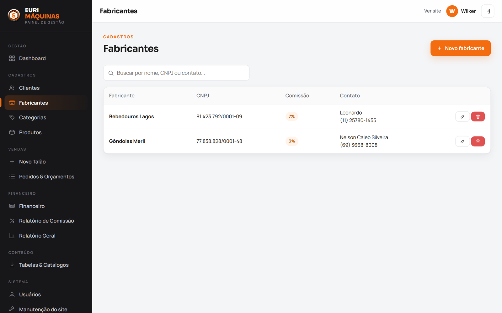 Cadastro de fabricantes com percentual de comissão