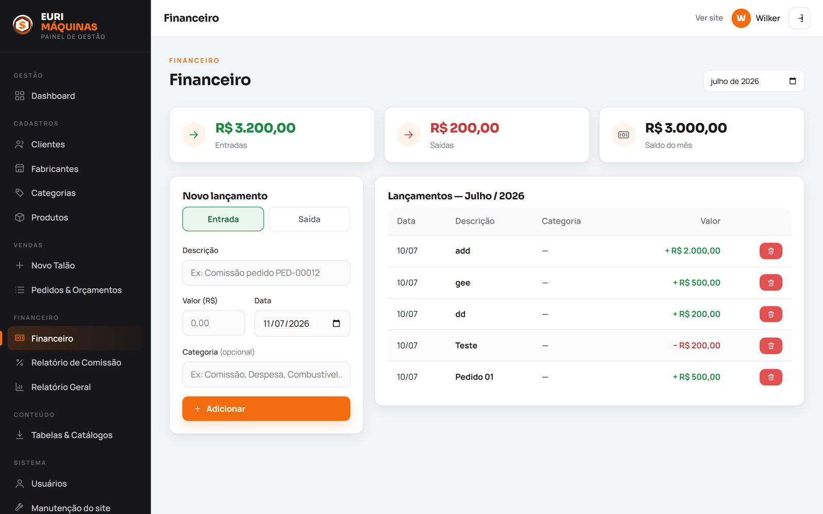 Financeiro de entradas e saídas