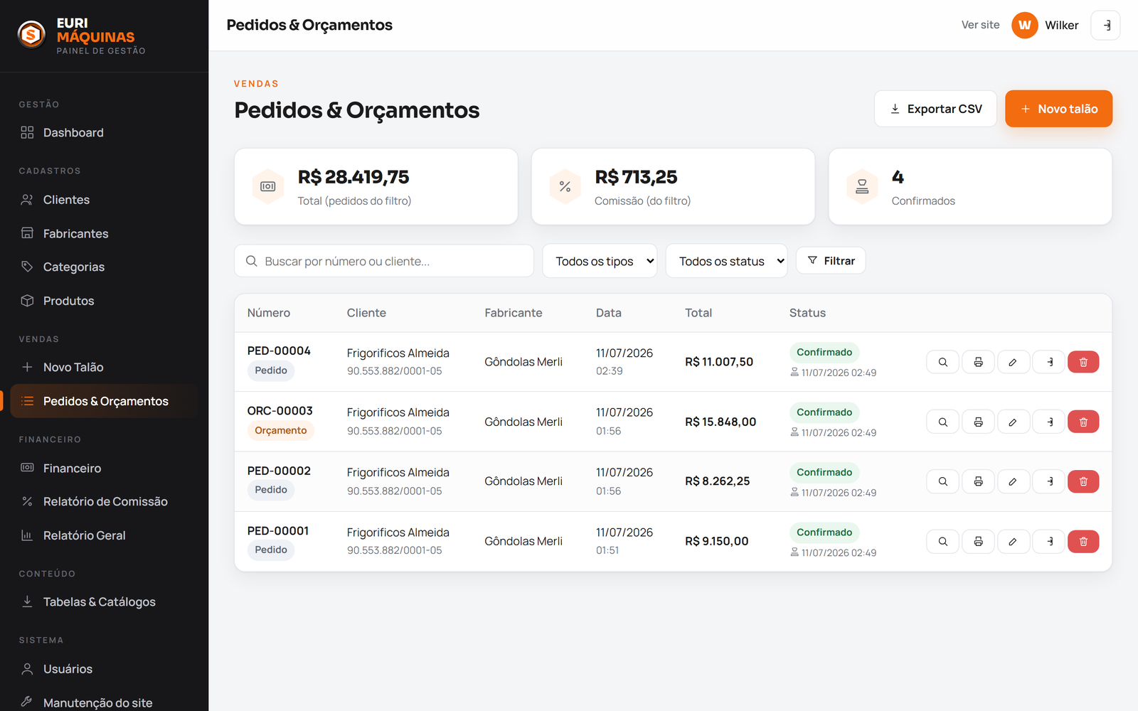 Lista de pedidos e orçamentos com status