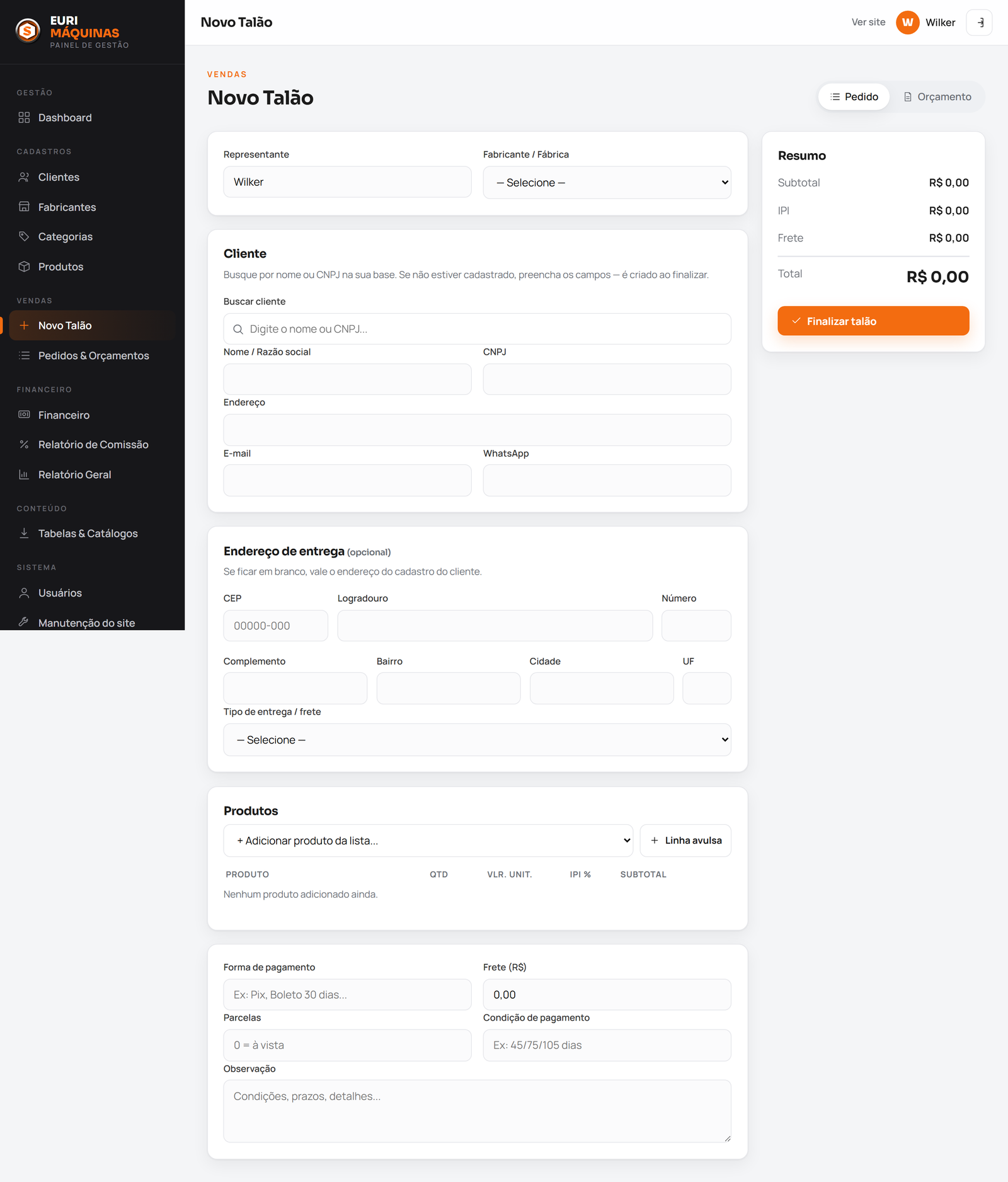 Tela de novo talão com cliente, produtos e resumo do pedido