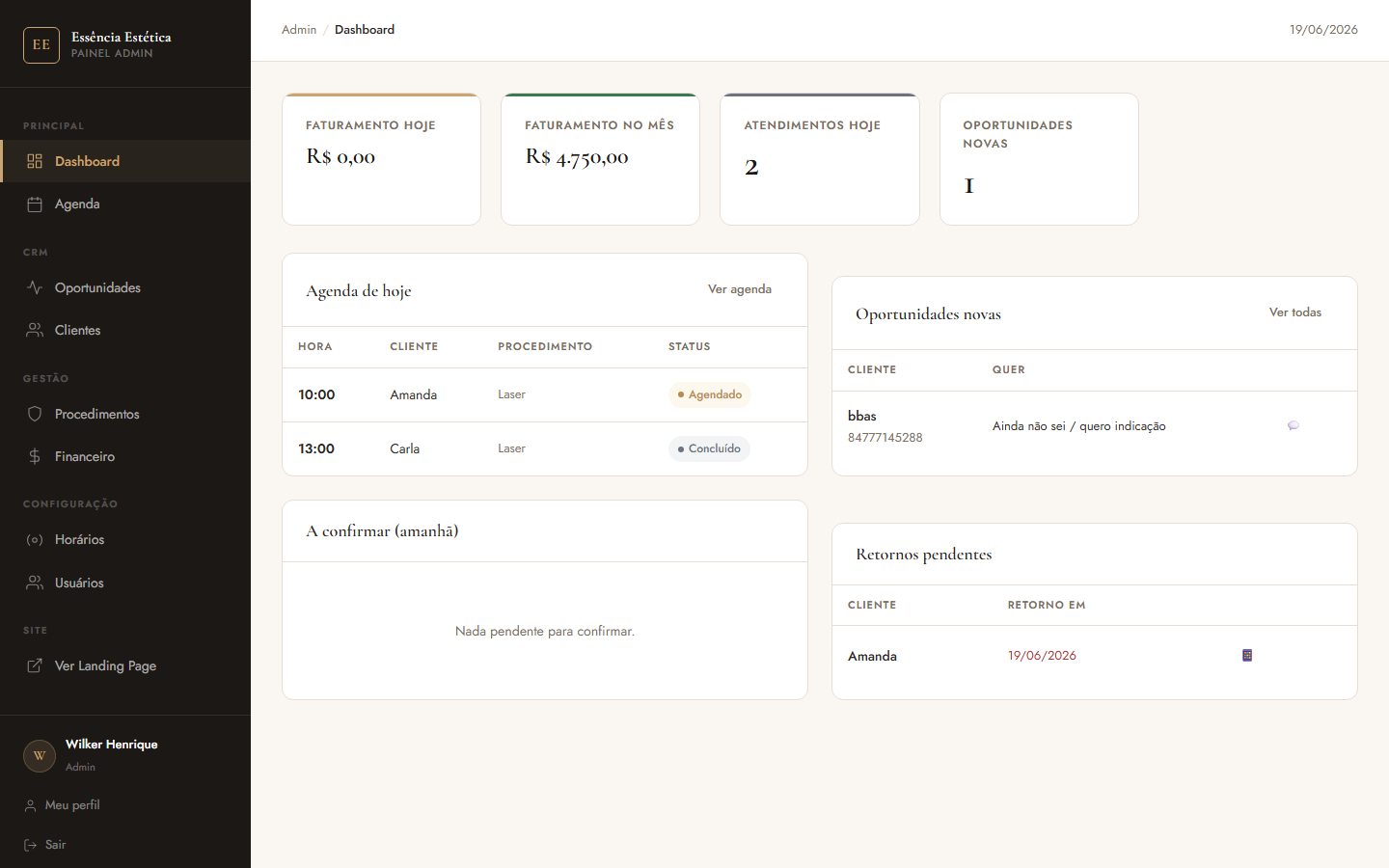 Dashboard administrativo